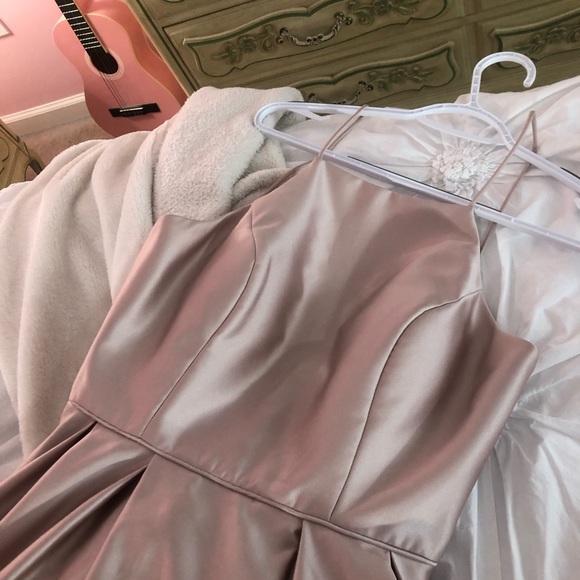 Betsy & Adam High Low Champagne Satin Gown - Picture 3 of 5